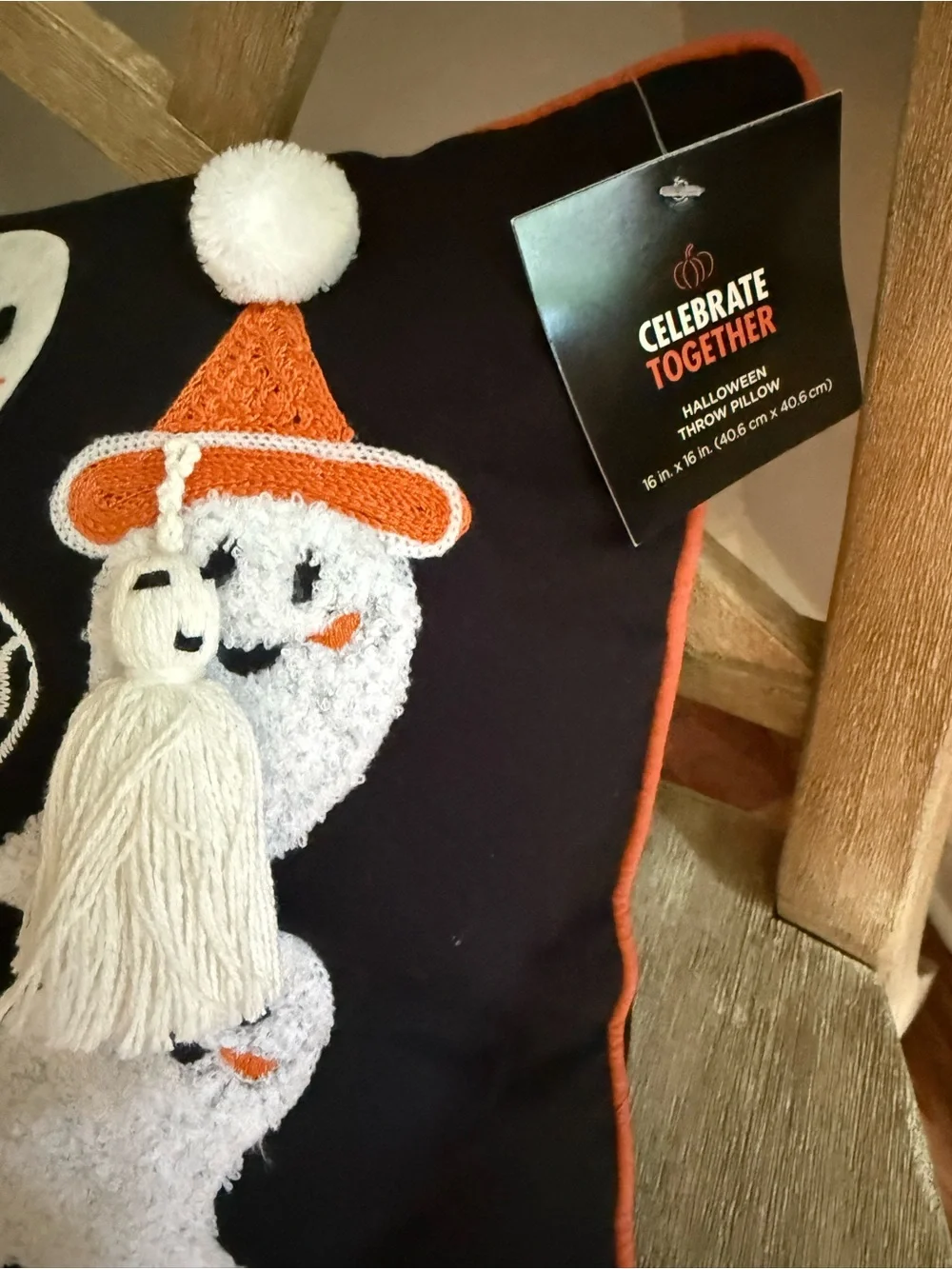 Celebrate together BOO ghost Halloween decorative pillow black square NEW!